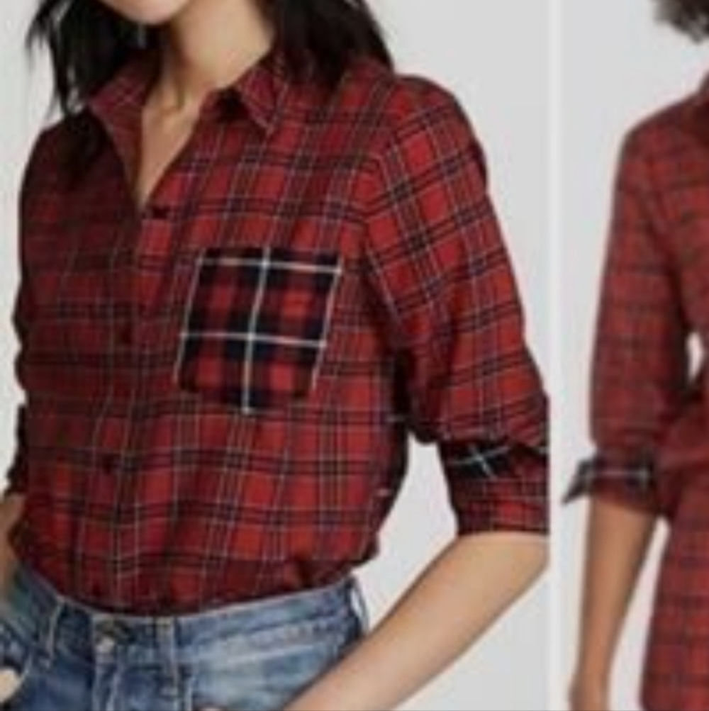 Madewell women's classic ex-boyfriend shirt, red cotton plaid, one pocket, sz S. - Picture 12 of 16